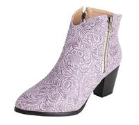 CHICMARK Bottines western pour femme - Talon de 5,5 cm et gaufrage floral - Doublure moelleuse pour l'hiver - Semelle antidérapante pour le quotidien, lilas, 35 EU
