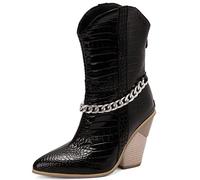 CHICMARK Fashion Short Axe Block Talon Demi-bottes en Denim avec Doublure en Fausse Fourrure et Fermeture Éclair Arrière
