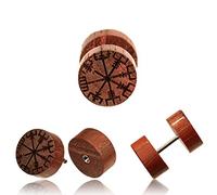 CHICNET® Faux plug en bois Vegvisir - En acier inoxydable - Gravure en bois - Boussole viking - Unisexe - Pour hommes et femmes - Boucles d'oreilles de Viking - Pour femmes et hommes