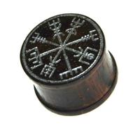 CHICNET Flesh Plug en bois avec boussole viking Vegvisir avec runes, écarteur nervuré, marron nordique, piercing d'oreille avec gravure laser argenté, 10 mm à 14 mm, Bois