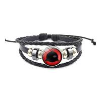 CHICNET Manga Anime Sharingan Eye Bracelet en cuir noir argenté gris réglable perles en acier inoxydable zinc tressé bande click bouton disque hommes femmes bras bijoux, Cuir