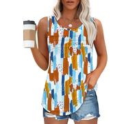 Chicrise Debardeur Femme Été Col Rond Tee Shirt sans Manches Plissé Tunique Longue Élégant Multicolore 2X Grand 50-54