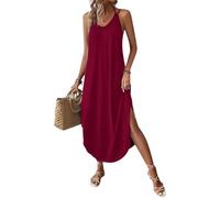 Chicrise Femme Maxi Robe Longue avec Fente Robe D'été Col V sans Manches Robe Femme Chic Et Elegant Rouge 3X Grand 56-60