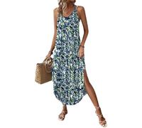Chicrise Femme Robe Longue Col V Robe De Plage sans Manches Maxi Robe avec Fendue Essentials Bleu Grand 42-44