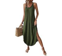 Chicrise Femme Robe Longue Col V Robe De Plage sans Manches Maxi Robe avec Fendue Essentials Vert 2X Grand 50-54