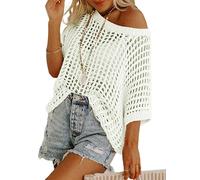 Chicrise Haut Crochet Femme Ajouré Blouse Manches Courtes Hollow Out Tricot Pull Léger Casual Blanc Grand 42-44