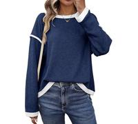 Chicrise Haut Femme Col Rond Style Décontracté Sweat Color Block Thermique Générique Élémentaire Sweater Doux pour La Peau Bequem BleuFoncé Grand 42-44 L