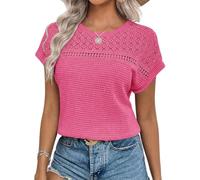 Chicrise Haut Femme Ete Col Rond Tshirt Décontracté Motif Gaufre Top Simple Nouveauté 2025 Rouge 2X-Grand 50-54