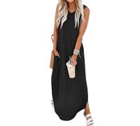 Chicrise Robe De Plage Femme D'éte sans Manches Robe Longue Respirant Robe Maxi Legere et Fluide Noir Moyen 38-40