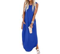 Chicrise Robe Longue Femme D'éte Robe Maxi sans Manches Col V Robe Plage avec Fendue Décontracté Bleu Petit 34-36