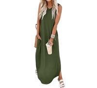 Chicrise Robe Longue Femme D'éte Robe Maxi sans Manches Col V Robe Plage avec Fendue Décontracté Vert Petit 34-36