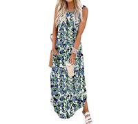 Chicrise Robe Longue Femmes sans Manches Robe D'éte Plage Col V Imprimés Floral Robe Maxi Ample Bleu X Grand 46-48