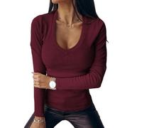 Chicrise T-Shirt à Manches Longues Femmes Col en V Sexy Haut Décontracté Classics Chic Mode Blouse Bordeaux XL 46-48
