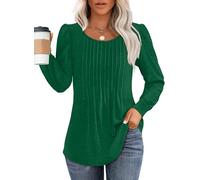 Chicrise T-shirt à manches longues pour femme 2024, col rond, manches bouffantes, tunique plissée, décontractée et décontractée, vert, M