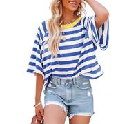 Chicrise T-shirt d'été surdimensionné à rayures pour femme - Col rond - Décontracté - Manches courtes, Bleu clair et blanc., L