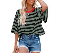 Chicrise T-shirt d'été surdimensionné à rayures pour femme - Col rond - Décontracté - Manches courtes, vert/noir, M