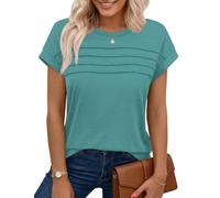 Chicrise T-Shirt Femme D'Été Plissé Col Rond Haut Manches Courtes Elegant Ample Décontracté Lâche Mode Vetement Vert Turquoise Demi Grand 50-54