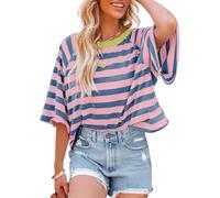 Chicrise T-Shirt Femme Été Col Rond Rayé Court Haut À Manches Courtes Ample Élégante Manches Chauve-Souris Top Rose Bleu Moyen 38-40