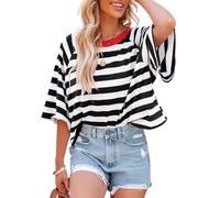 Chicrise T-Shirt Femme Été Col Rond Rayé Court Haut À Manches Courtes Ample Élégante Manches Chauve-Souris Top Noir Blanc Grand 42-44