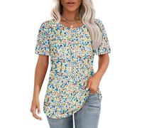 Chicrise T-shirts Femme Manches Courtes Été Plissés Blouses Col Rond Élégantes Décontractées Basiques Mode Top, XXL