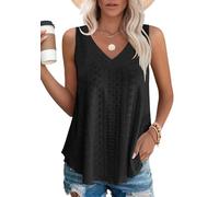 Chicrise Tank Top Femme Col V Debardeur Broderie Creuse à Œillets Chemise Décontracté Légère Noir Grand 42-44