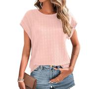 Chicrise Tee Shirt Femme Chic Et Elegant Manches Chauve-Souris Col Rond Top Manches Courtes Couleur Uni Texturé Mode Décontracté Haut Rosa Petit 34-36