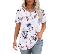 Chicrise Tee Shirt Femme Ete À Manches Courtes Bouffantes Plissé Col Rond Haut Chic Et Elegant Décontracté Mode Blouse Blanc Fleurs Petit 34-36