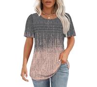 Chicrise Tee Shirt Femme Ete À Manches Courtes Bouffantes Plissé Col Rond Haut Chic Et Elegant Décontracté Mode Blouse Orange Gris Graffiti Petit 34-36