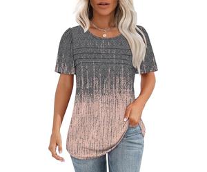 Chicrise Tee Shirt Femme Ete À Manches Courtes Bouffantes Plissé Col Rond Haut Chic Et Elegant Décontracté Mode Blouse Orange Gris Graffiti Petit 34-36