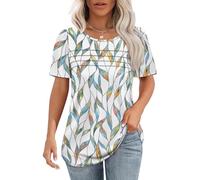 Chicrise Tee Shirt Femme Été À Manches Courtes Plisse Imprimé Blouse Chic Et Élégant Lâches Décontracté Mode Haut Coloré Imprimé Feuilles Tres Grand 46-48