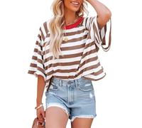 Chicrise Tee Shirt Femme Été À Rayures Col Rond Ample Top Multicolore Chic Et Élégant Haut Manches Courtes Brun Blanc Petit 34-36