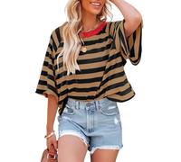 Chicrise Tee Shirt Femme Été À Rayures Col Rond Ample Top Multicolore Chic Et Élégant Haut Manches Courtes Brun Noir Petit 34-36