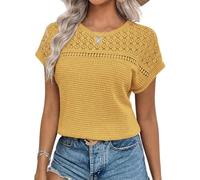 Chicrise Tee Shirt Femme Été Décontracté Top Manches Courtes Ample Chemisier Élégant Couleur Unie Jaune Grand 42-44