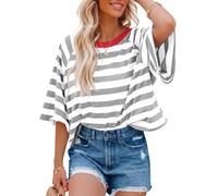 Chicrise Tee Shirt Femme Été Rayé Surdimensionné À Manches Courtes Top Chic Et Élégant Col Rond Décontracté Vetement Blanc Gris Tres Grand 46-48