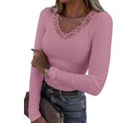 Chicrise Top Femme Élégant Adjusté Tricot Pulls Longue Élégant Thermique Sexy Haut Dentelle Col v Rose Grand 42-44 L