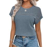 Chicrise Top Femme Été Dentelle T-Shirt Manches Courtes Ample Blouse Élégant Léger Bleu 2X-Grand 50-54