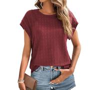 Chicrise Tshirt Femme Col Rond Texturé Haut Manches Courtes Casual Mode Manches Chauve-Souris Top Femme Chic Et Élégant Rouge Grand 42-44