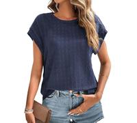 Chicrise Tshirt Femme Col Rond Texturé Haut Manches Courtes Casual Mode Manches Chauve-Souris Top Femme Chic Et Élégant Bleu Marine Moyen 38-40