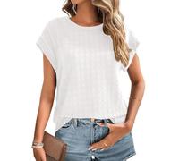 Chicrise Tshirt Femme Couleur Uni Elegant Col Rond Top Manches Courtes Tricot Texturé Mode Manches Chauve-Souris Chemisette Blanc Moyen 38-40