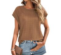 Chicrise Tshirt Femme Couleur Uni Elegant Col Rond Top Manches Courtes Tricot Texturé Mode Manches Chauve-Souris Chemisette Marrron Foncé Grand 42-44