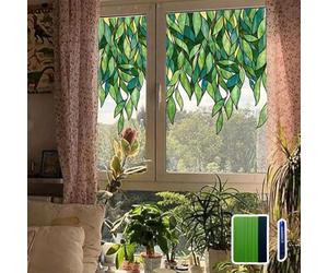 ChicSkin Original Feuilles de Verre Effet Vitrail Originales à Dessin Main, Film Fenêtre Double Face Transparent avec Feuilles Vertes pour Salon, Porte en Verre, Autocollant Feuilles Émeraude 43,00 cm
