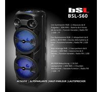 ChicSlick-Bsl-S60 Enceinte Bluetooth Avec Éclairage Rgb Radio Fm Lecteur Usb Fonction Karaoké Avec Microphone 2 X 15 W De Puissance Batterie Jusqu'À 4 Heures D'Autonomie Roues Pour[X423]