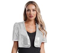 CHICTRY Cardigan Paillette Brillante Femme Veste Ouvert Disco Danse Boléro Manteau Sequins à Manches Longues Glitter Party Blouson Cérémonie Cocktail Soirée S-4XL Argenté XL