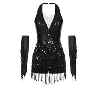 CHICTRY Costume Danse Jazz Déguisement Année 70 Femme Paillette Robe Danse Latine Disco Performance Gants Fête Spectacle #S-XXL Noir L