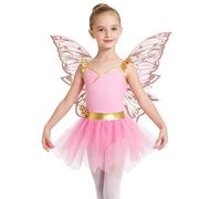 CHICTRY Costume Fée Papillon 2 Pièces pour Petite Fille Justaucorps Résille à Manches Ailes Set d’Ailes Papillon Robe de Princesse pour Danse, Piscine Taille 4 à 14 Ans Rose 3-4 Ans