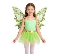 CHICTRY Costume Fée Papillon 2 Pièces pour Petite Fille Justaucorps Résille à Manches Ailes Set d’Ailes Papillon Robe de Princesse pour Danse, Piscine Taille 4 à 14 Ans Vert 3-4 Ans