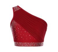 CHICTRY Crop Top à Strass Danse du Ventre Belly Femme Gilet Une Épaule Haut Courte Danse Classique Spectacle Bourgogne XL