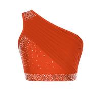 CHICTRY Crop Top à Strass Danse du Ventre Belly Femme Gilet Une Épaule Haut Courte Danse Classique Spectacle Orange S