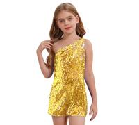 CHICTRY Enfant Fille Combinaison Paillettes de Glitter Party Asymétrique Une Épaule Combishort de Danse Moderne Jazz Soirée 6-14 Ans Or 7-8 ans