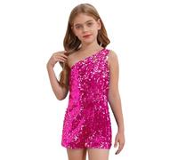 CHICTRY Enfant Fille Combinaison Paillettes de Glitter Party Asymétrique Une Épaule Combishort de Danse Moderne Jazz Soirée 6-14 Ans Rose Vif 7-8 ans